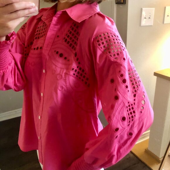 Elie Tahari Pink Eyelet Puff Sleeve Button-down blouse Org. $395 - Picture 5 of 10